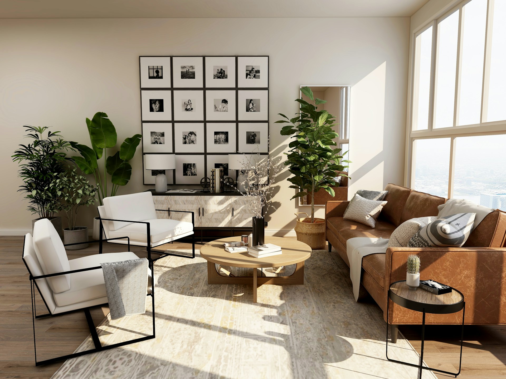 Helles Wohnzimmer in Basel mit Leinensofa, Eichenboden und weichem Abendlicht