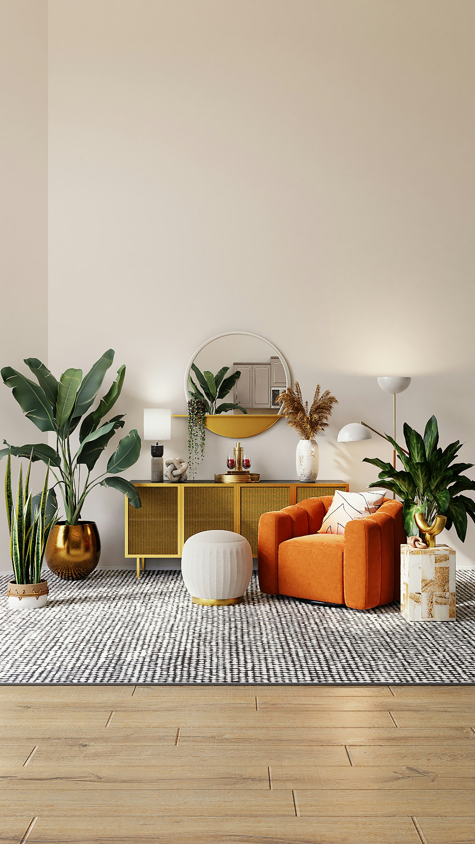 Helles Wohnzimmer mit cremefarbenem Sofa, Eichenboden und grossen Fenstern