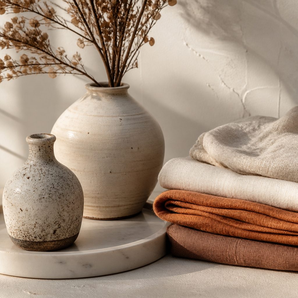 Styling-Details mit Keramikvasen und Leinenstoffen