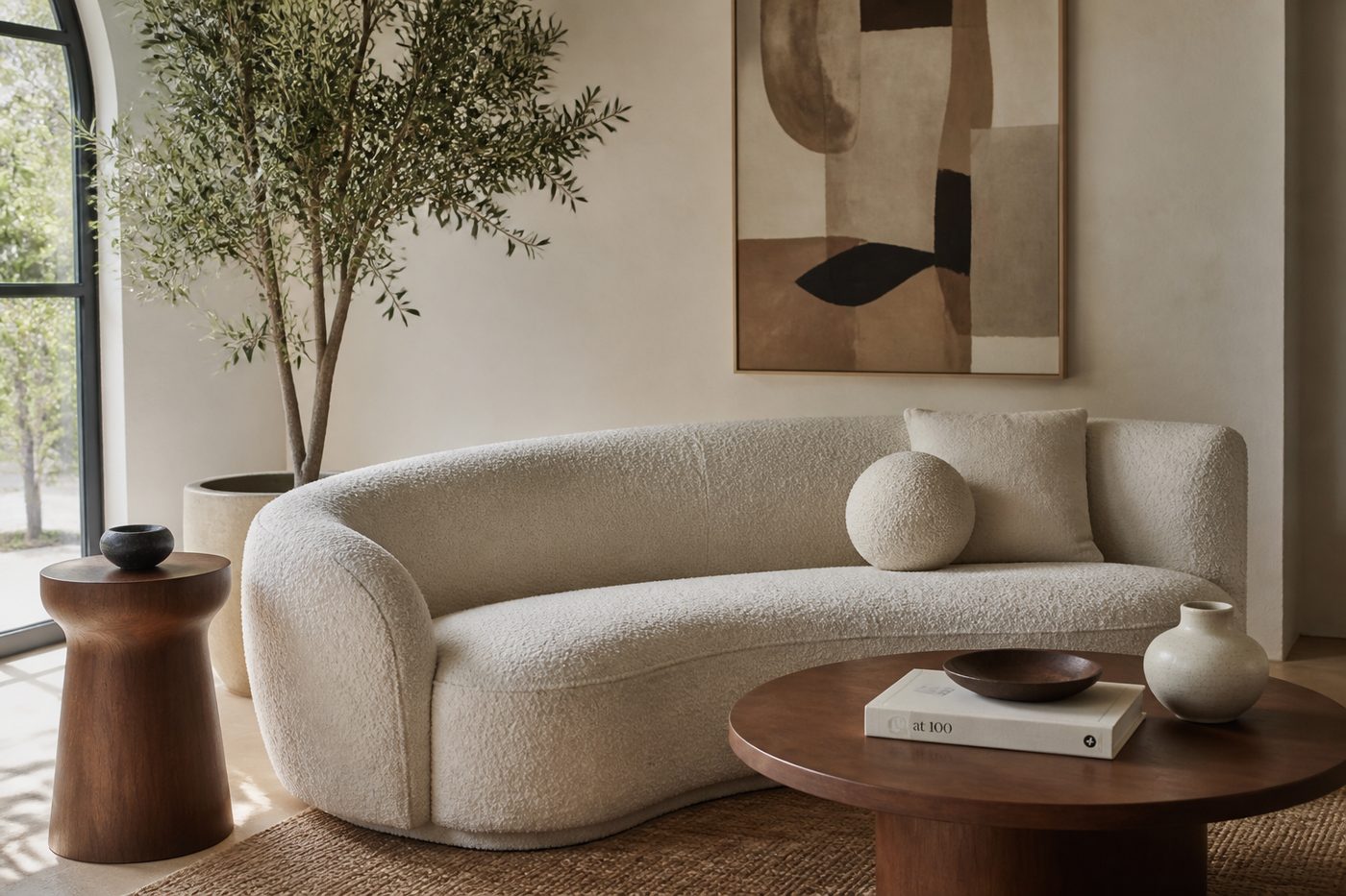 Helles Wohnzimmer mit Bouclé-Sofa und natürlichem Licht